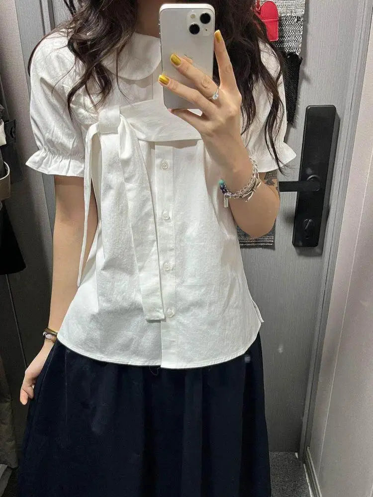 Erwofeina 丸襟リボン付き半袖シャツ