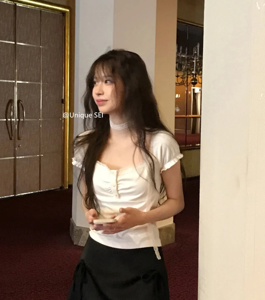 レーストリム リボン付き半袖トップス