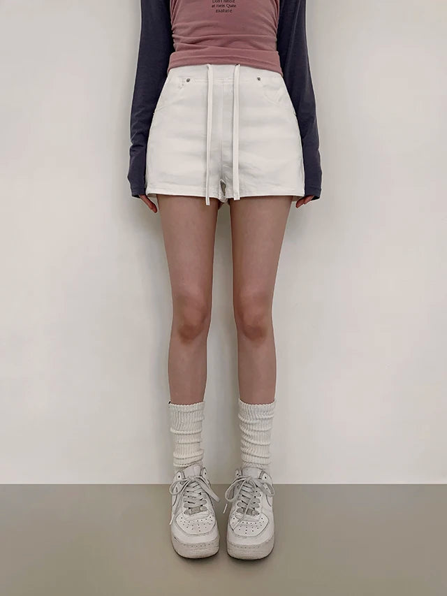 ハイウエスト デニムショートパンツ 白 ベルト付き