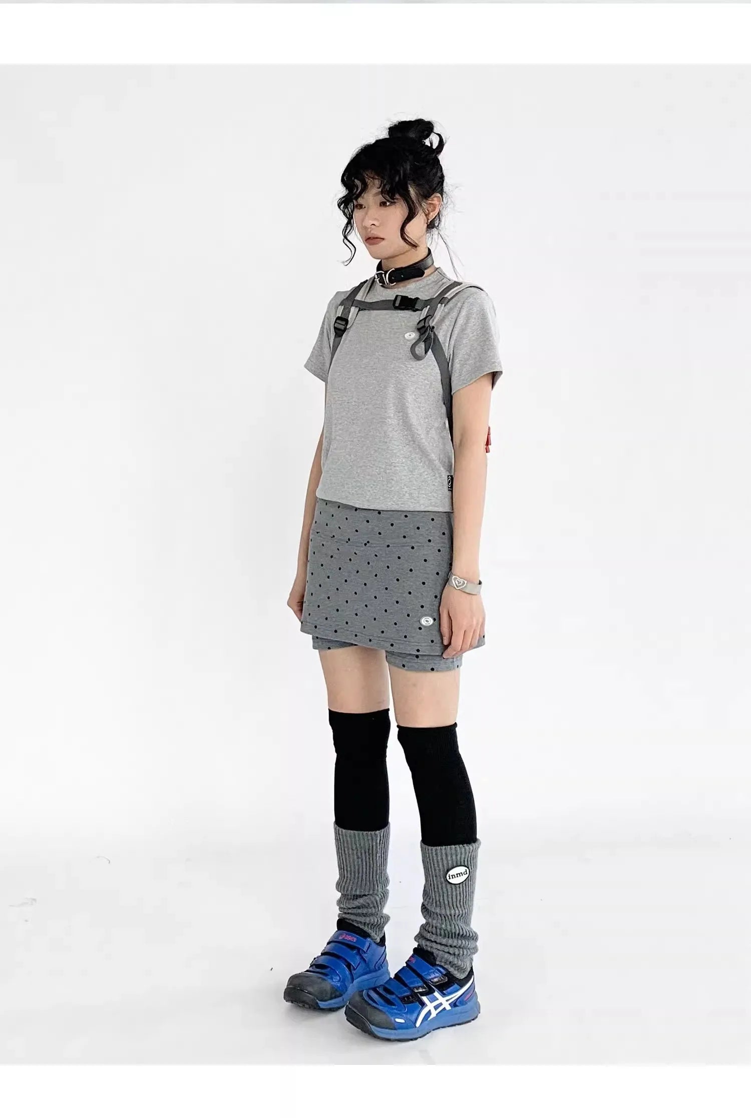 ドット柄 グレー ワイドショートパンツ