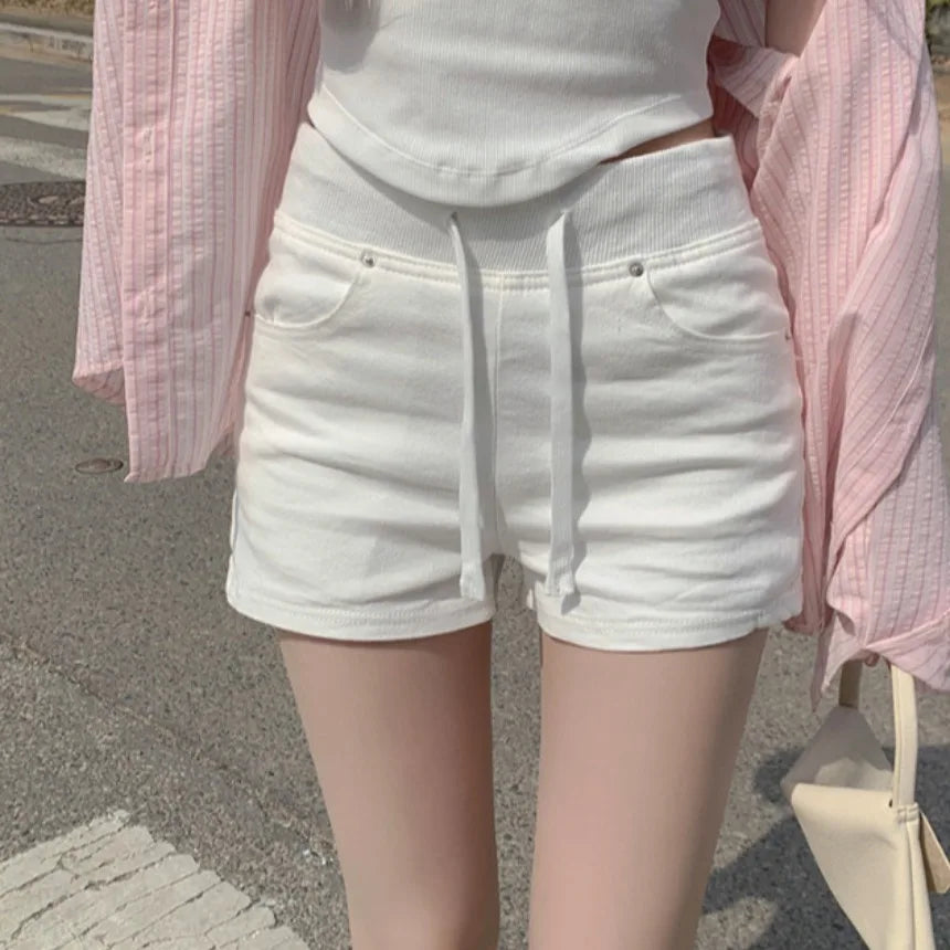 ハイウエスト デニムショートパンツ 白 ベルト付き