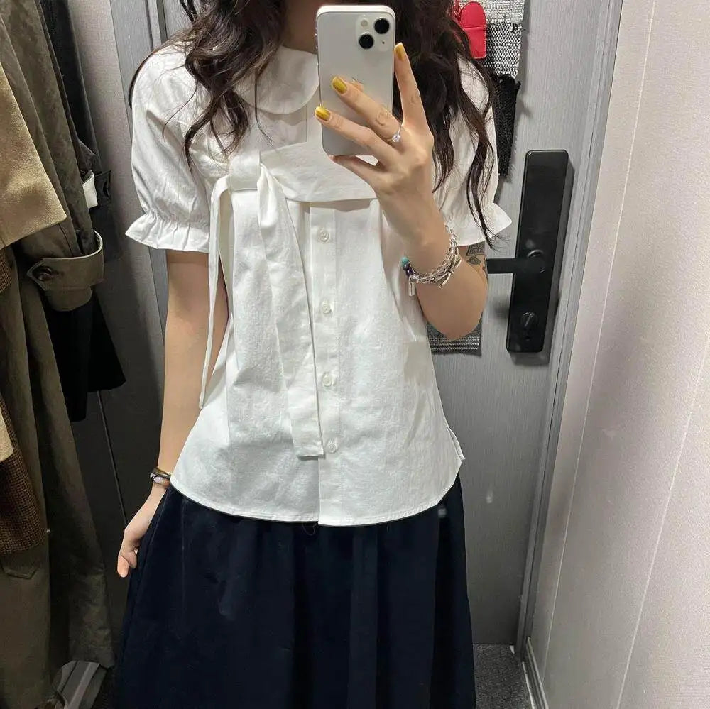 Erwofeina 丸襟リボン付き半袖シャツ