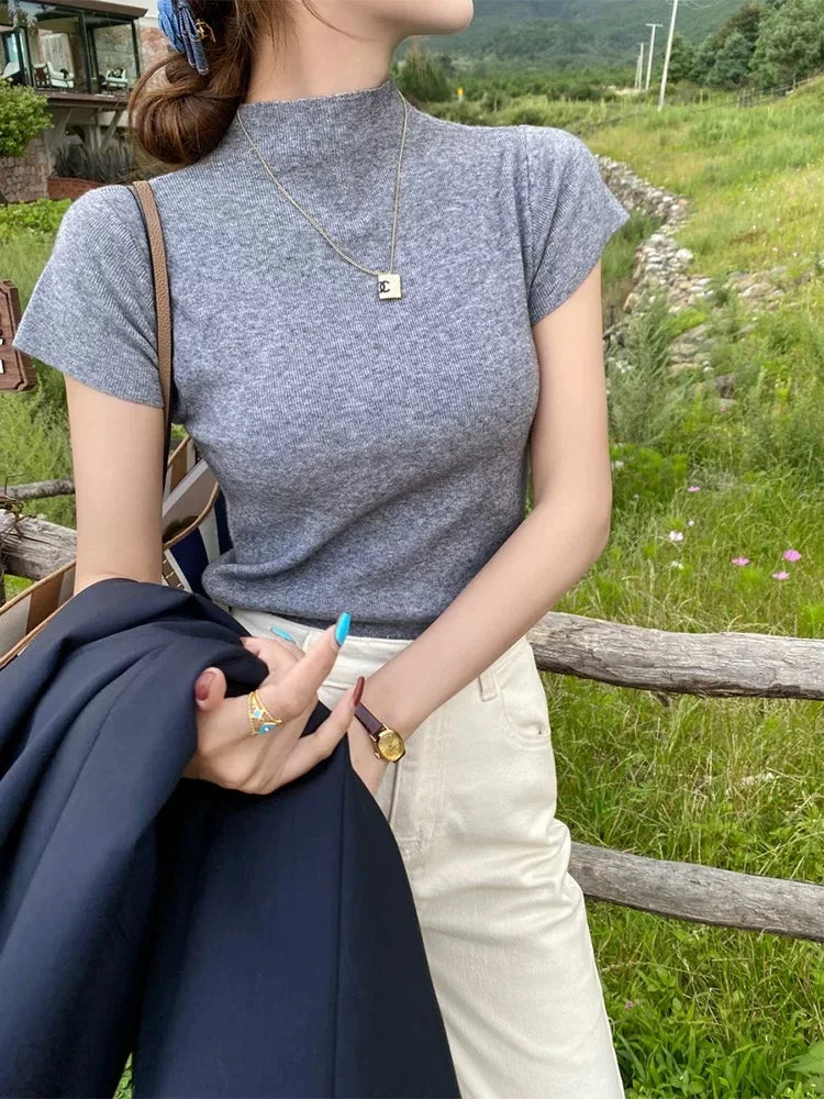 ハーフハイネック 半袖スリムTシャツ