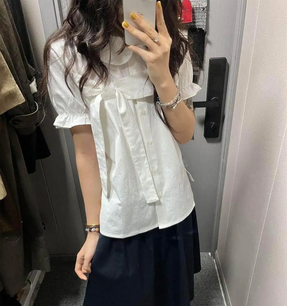 Erwofeina 丸襟リボン付き半袖シャツ