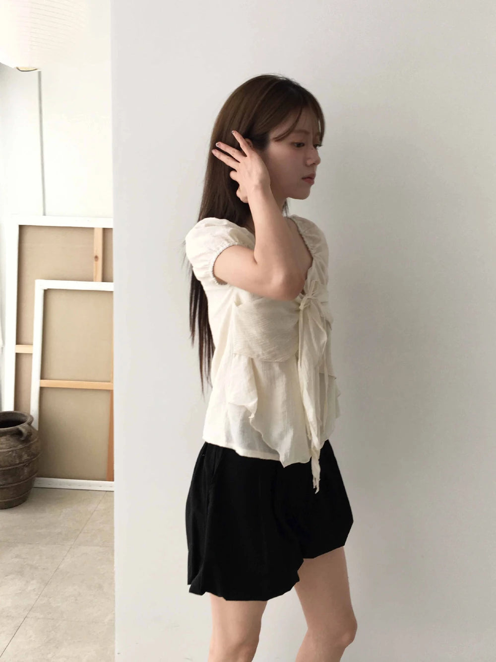 バブルスリーブ ウエストリボン シフォンブラウス