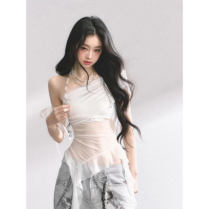 MEXZT Y2K シアーメッシュ アシンメトリーTシャツ