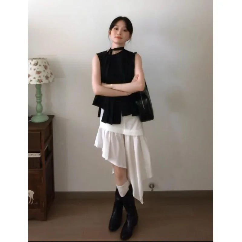 レース切替 アシンメトリー Aラインスカート 白