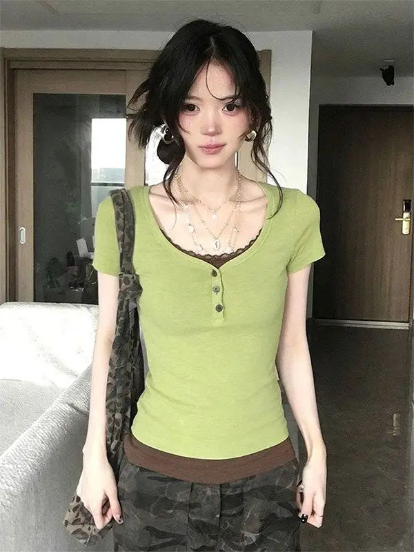 グリーン レーストリム フェイクレイヤードTシャツ