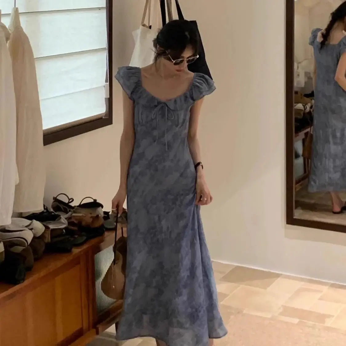 ブルー花柄 フライスリーブ ロングワンピース