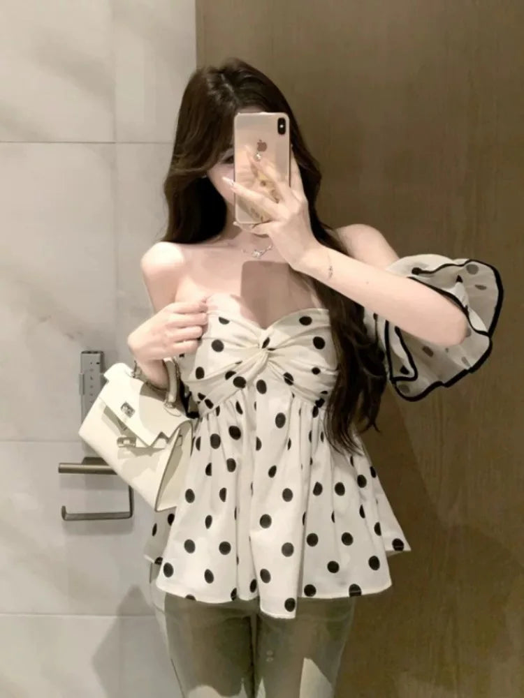 ドット柄 ワンショルダー半袖Tシャツ