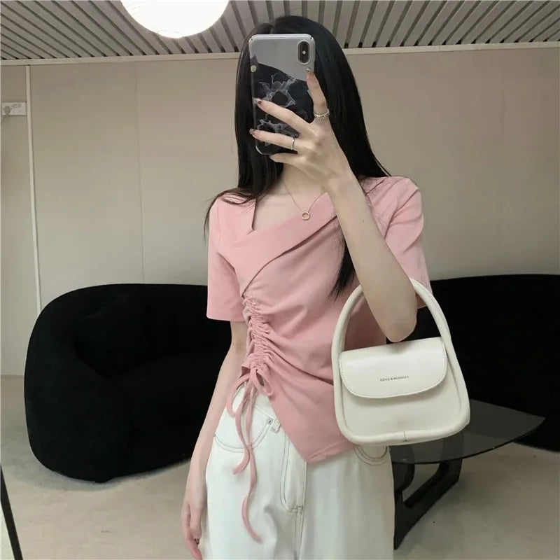 アシンメトリー ドローストリングTシャツ ホワイト