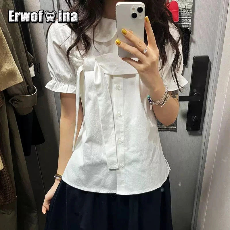 Erwofeina 丸襟リボン付き半袖シャツ