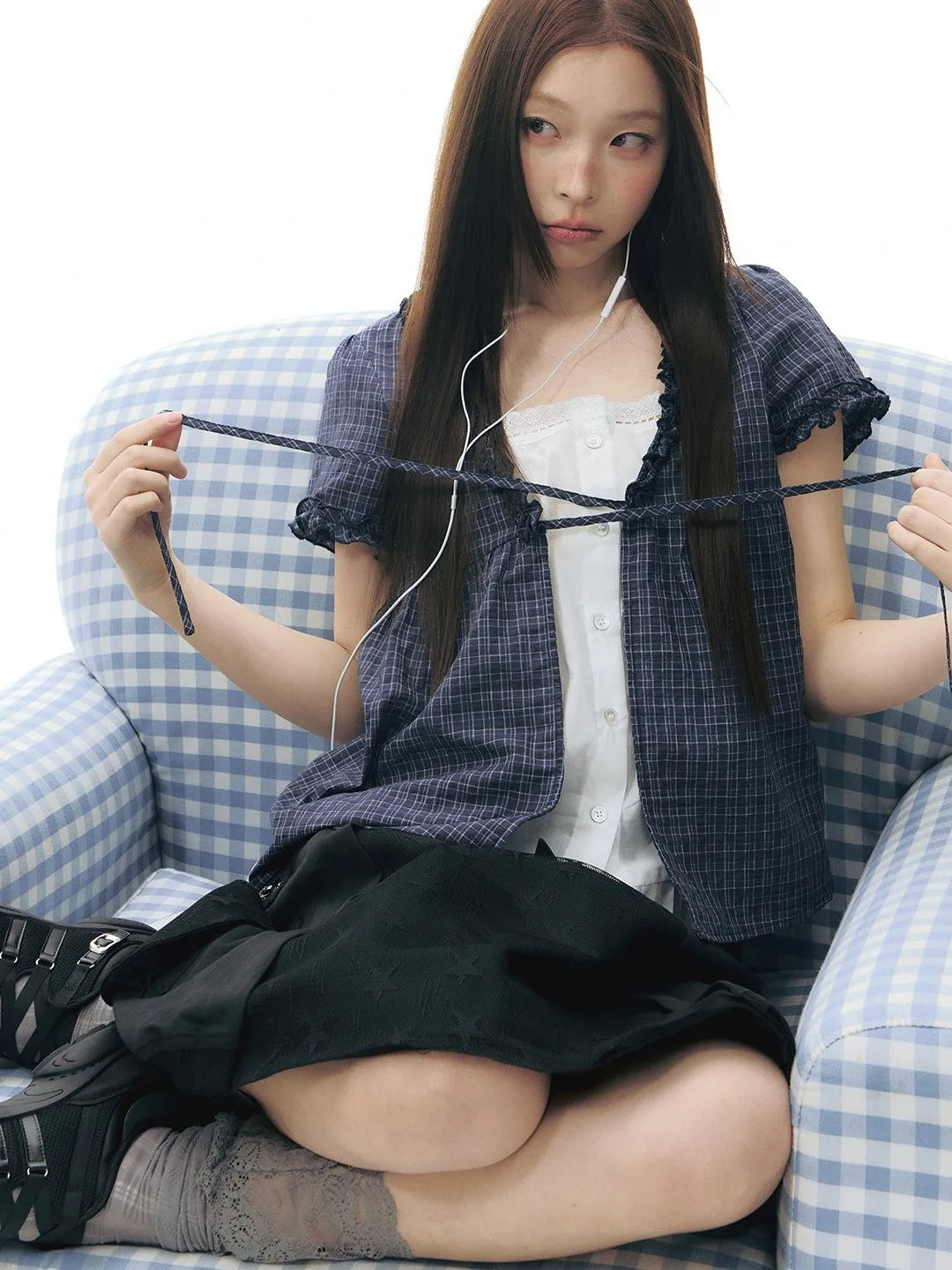 チェック柄 Vネックリボンシャツ 半袖