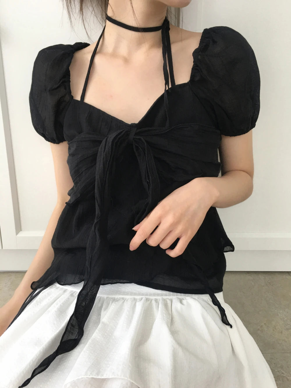 バブルスリーブ ウエストリボン シフォンブラウス