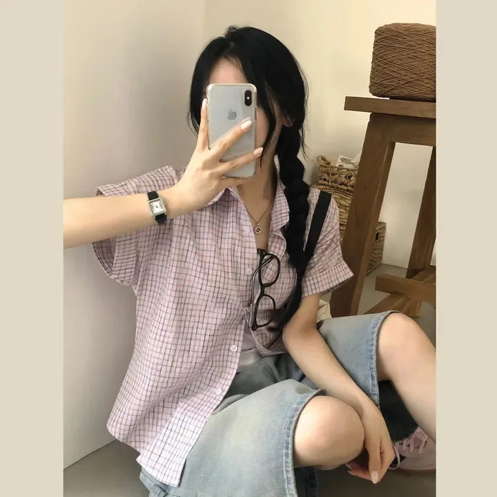 チェック柄 半袖ルーズシャツ 韓国風