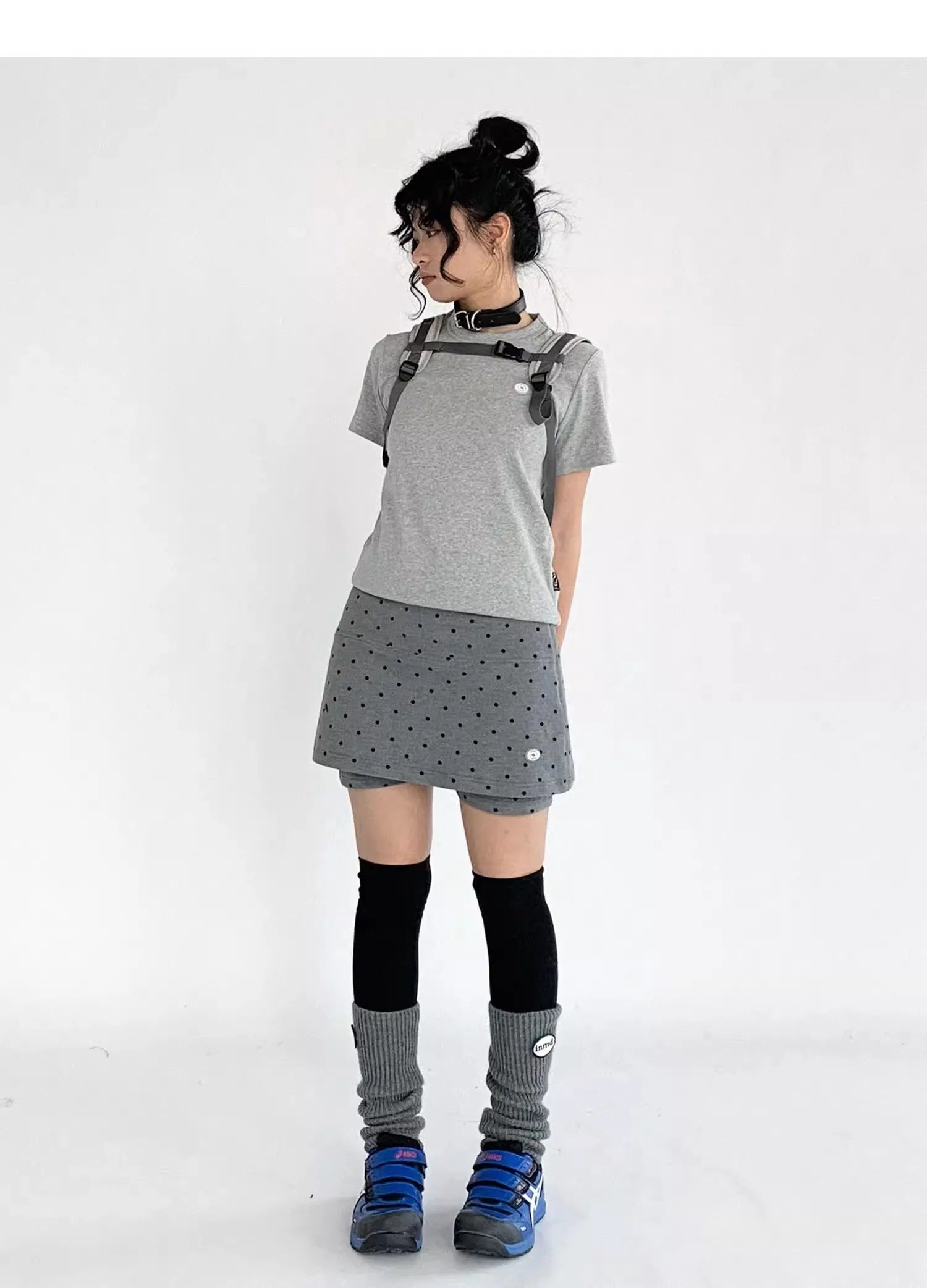 ドット柄 グレー ワイドショートパンツ