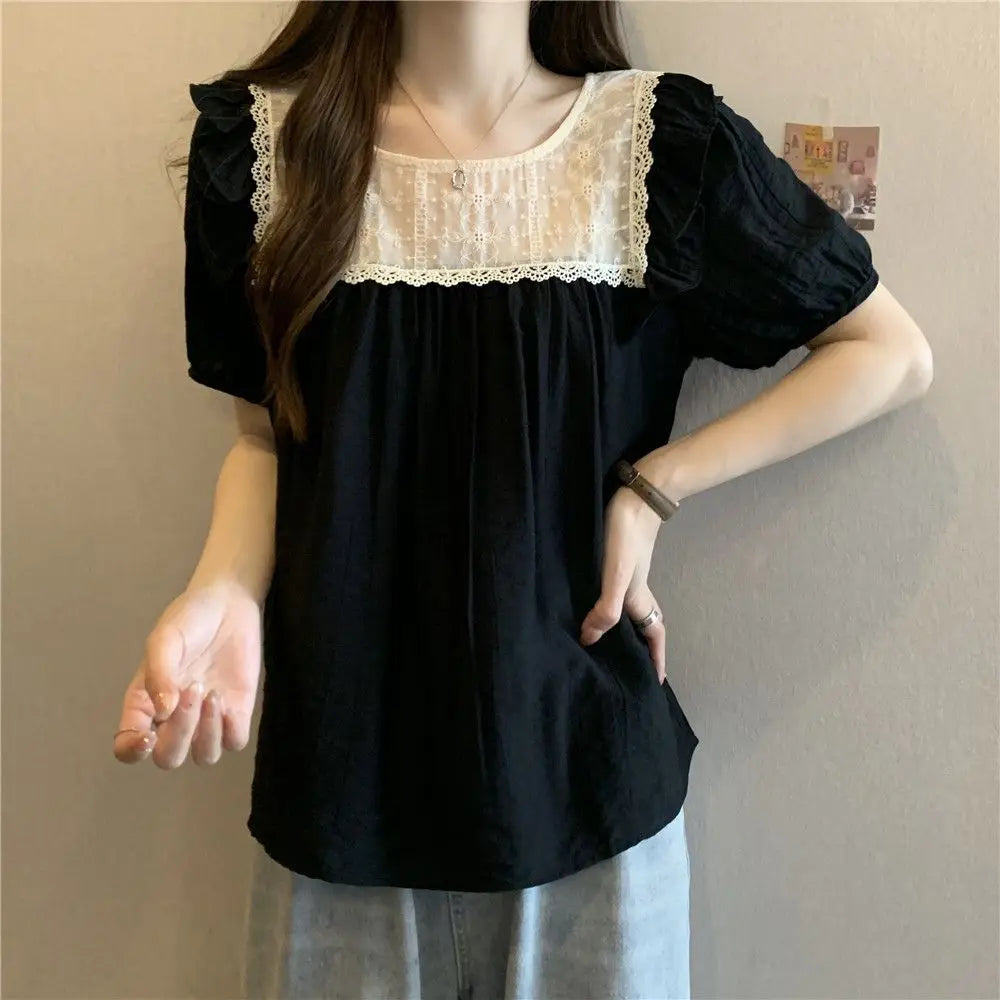 配色フリル スクエアネックブラウス