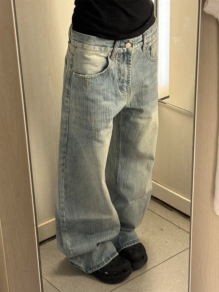 レトロブルー ワイドレッグ デニムパンツ