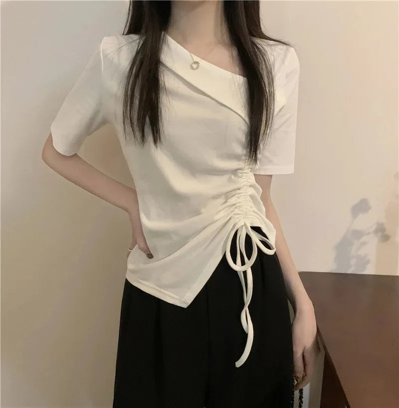 アシンメトリー ドローストリングTシャツ ホワイト