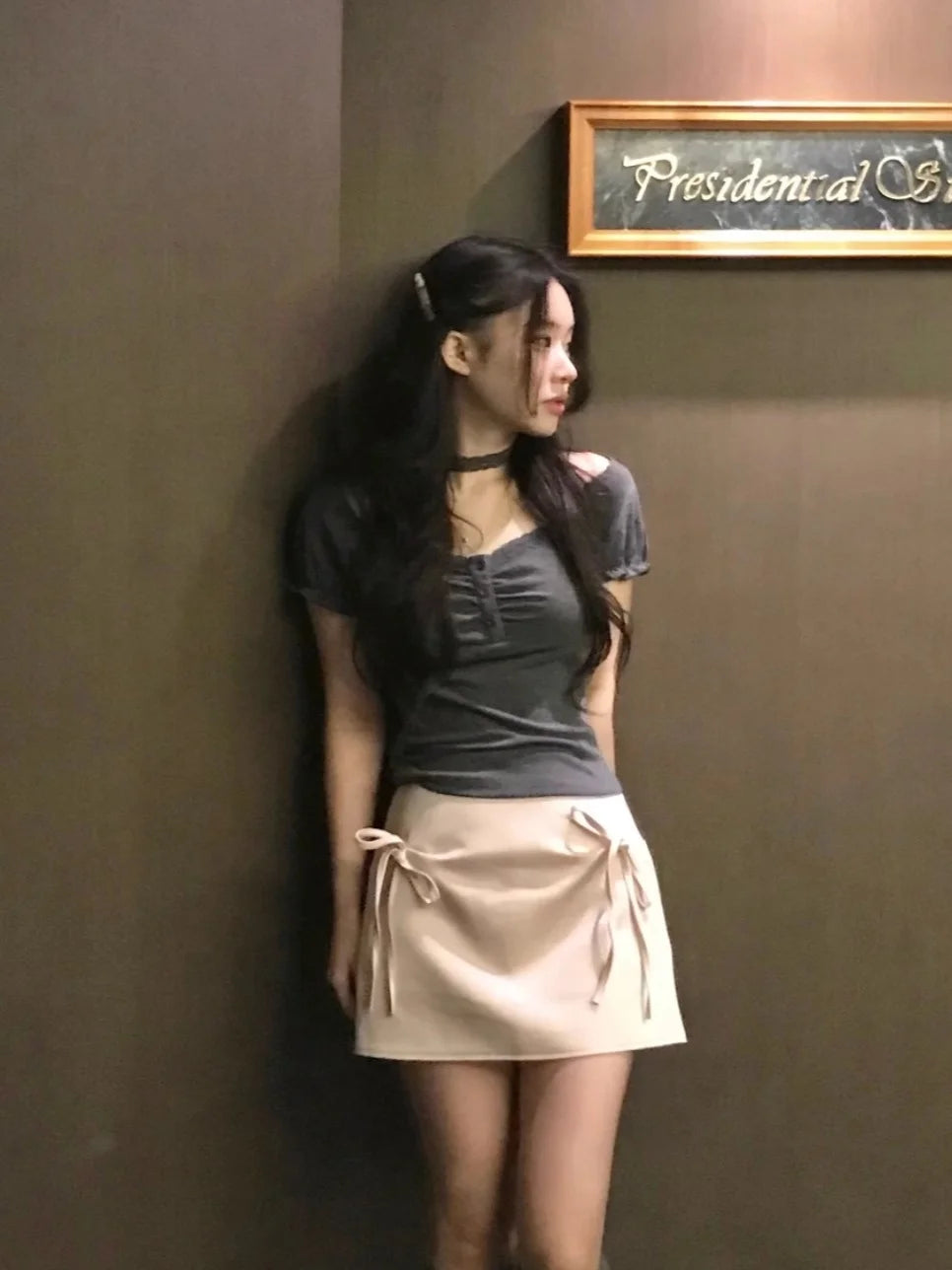 レーストリム リボン付き半袖トップス