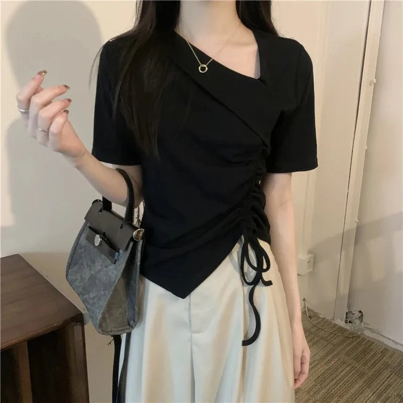 アシンメトリー ドローストリングTシャツ ホワイト