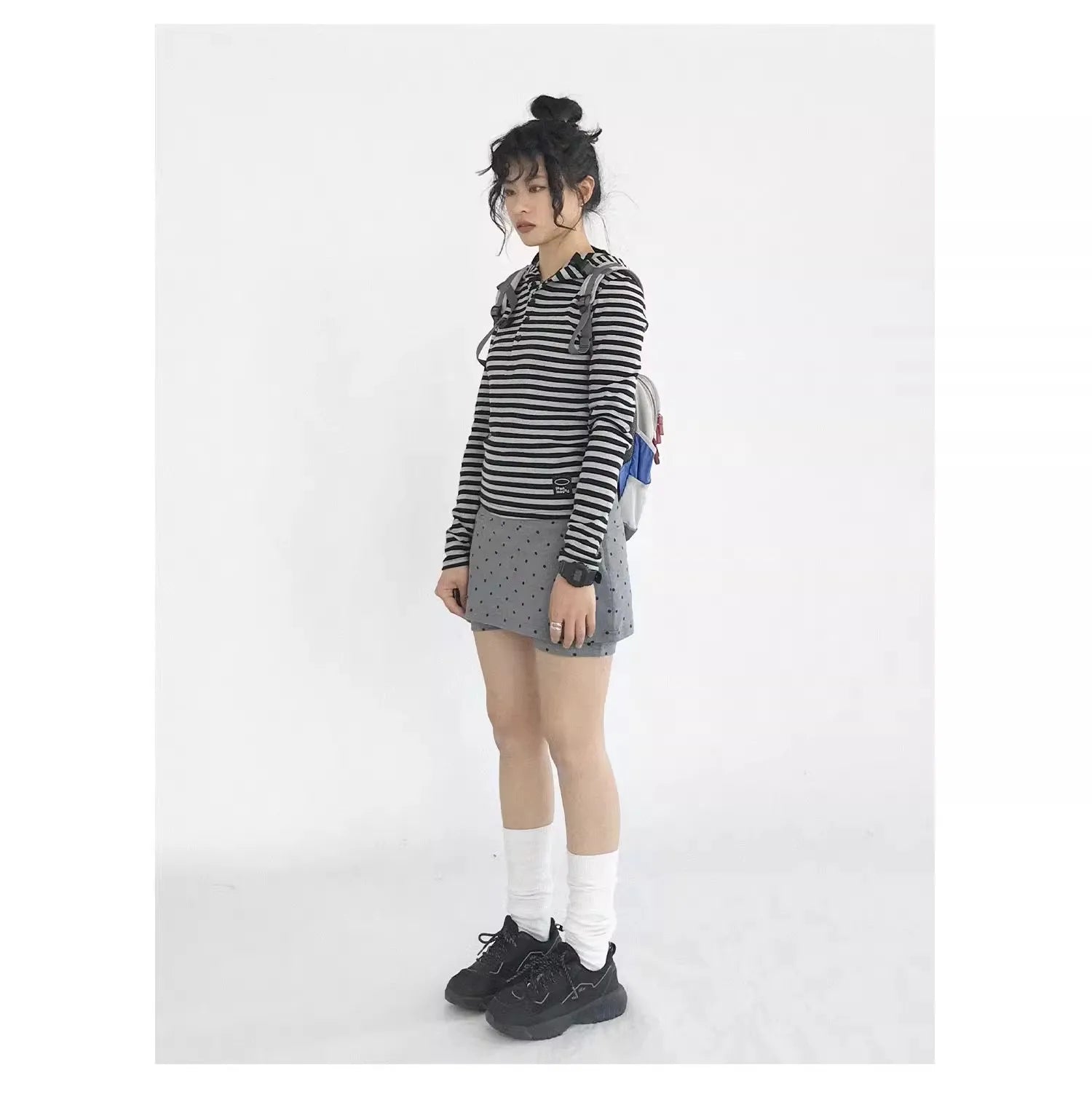 ドット柄 グレー ワイドショートパンツ