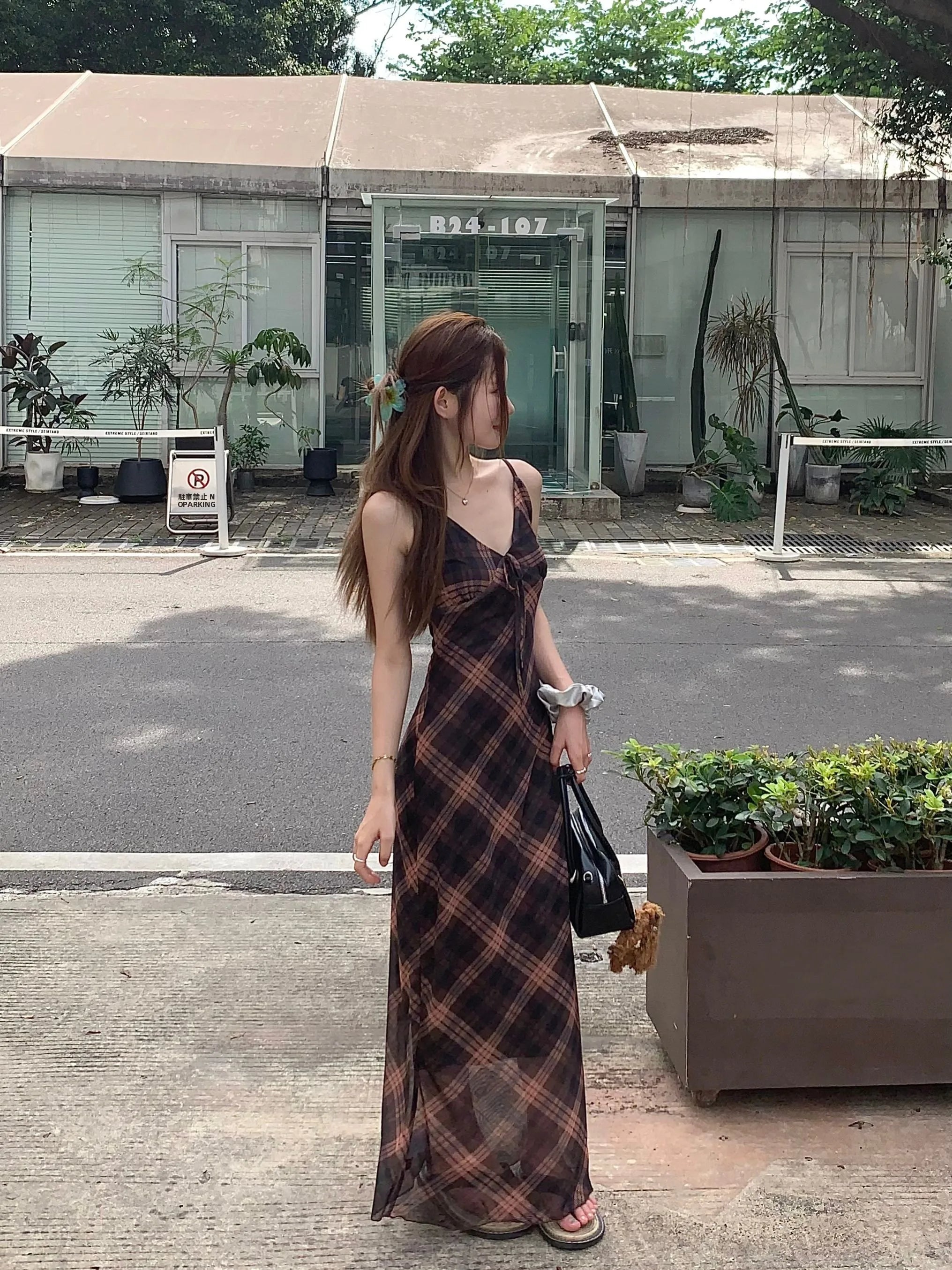 フレンチ調 グリッド柄 キャミソールワンピース