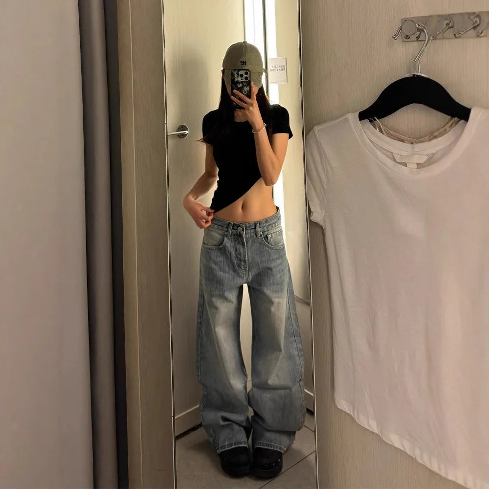 レトロブルー ワイドレッグ デニムパンツ