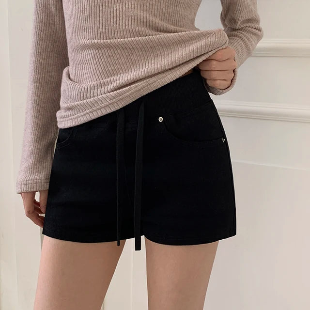 ハイウエスト デニムショートパンツ 白 ベルト付き