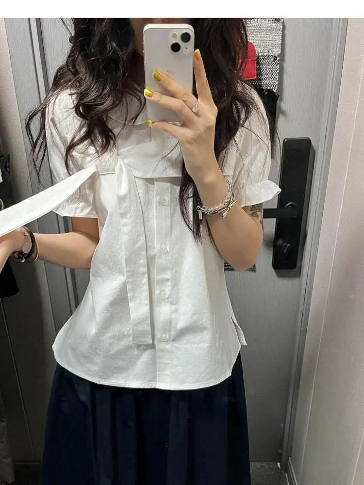 Erwofeina 丸襟リボン付き半袖シャツ