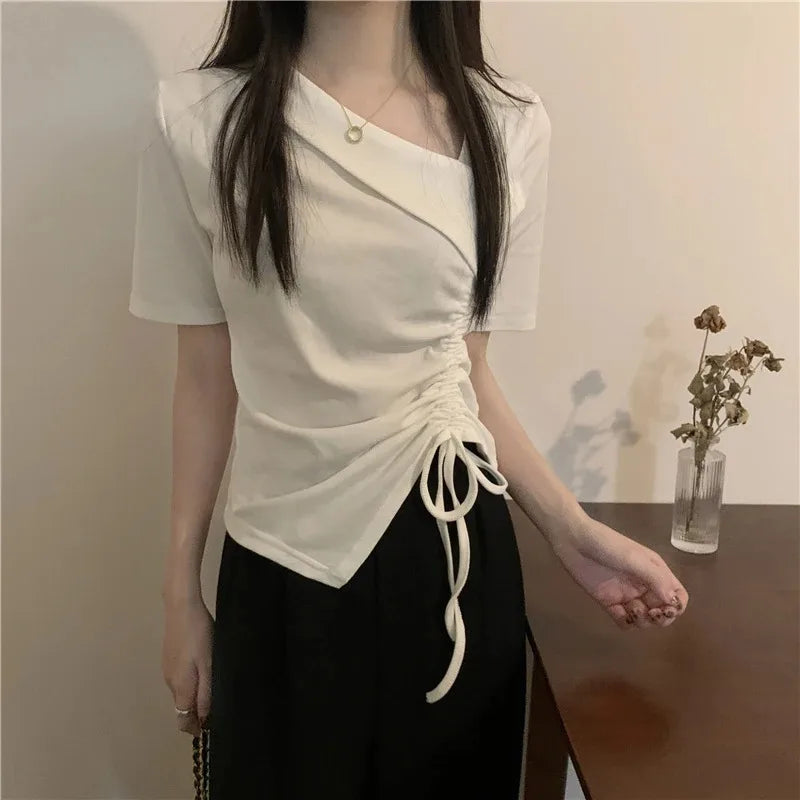 アシンメトリー ドローストリングTシャツ ホワイト