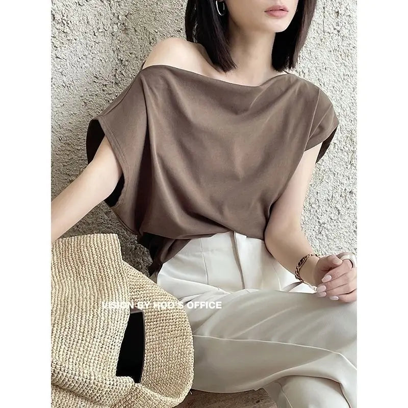 オフショルダー 半袖ルーズTシャツ 無地