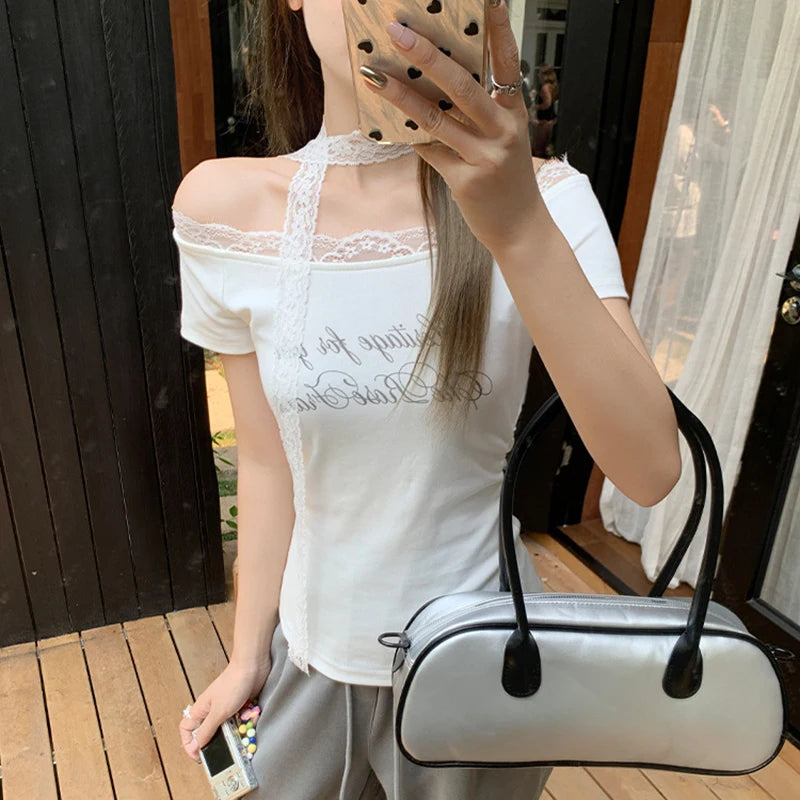 Y2K レース スラッシュネックTシャツ