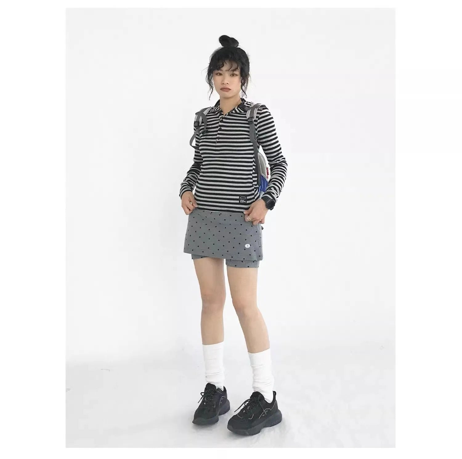 ドット柄 グレー ワイドショートパンツ