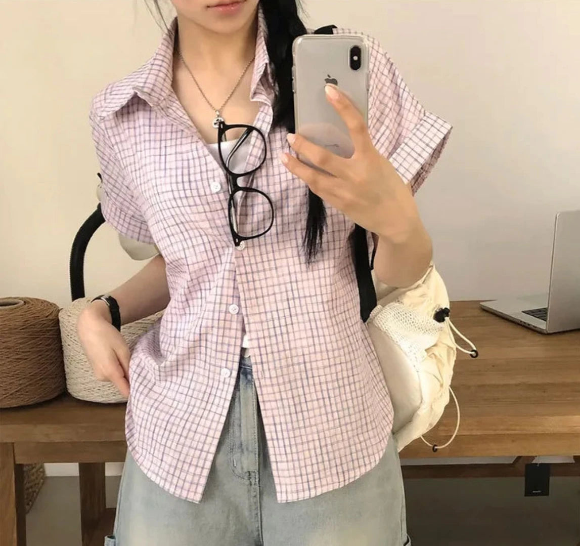 チェック柄 半袖ボタンアップシャツ