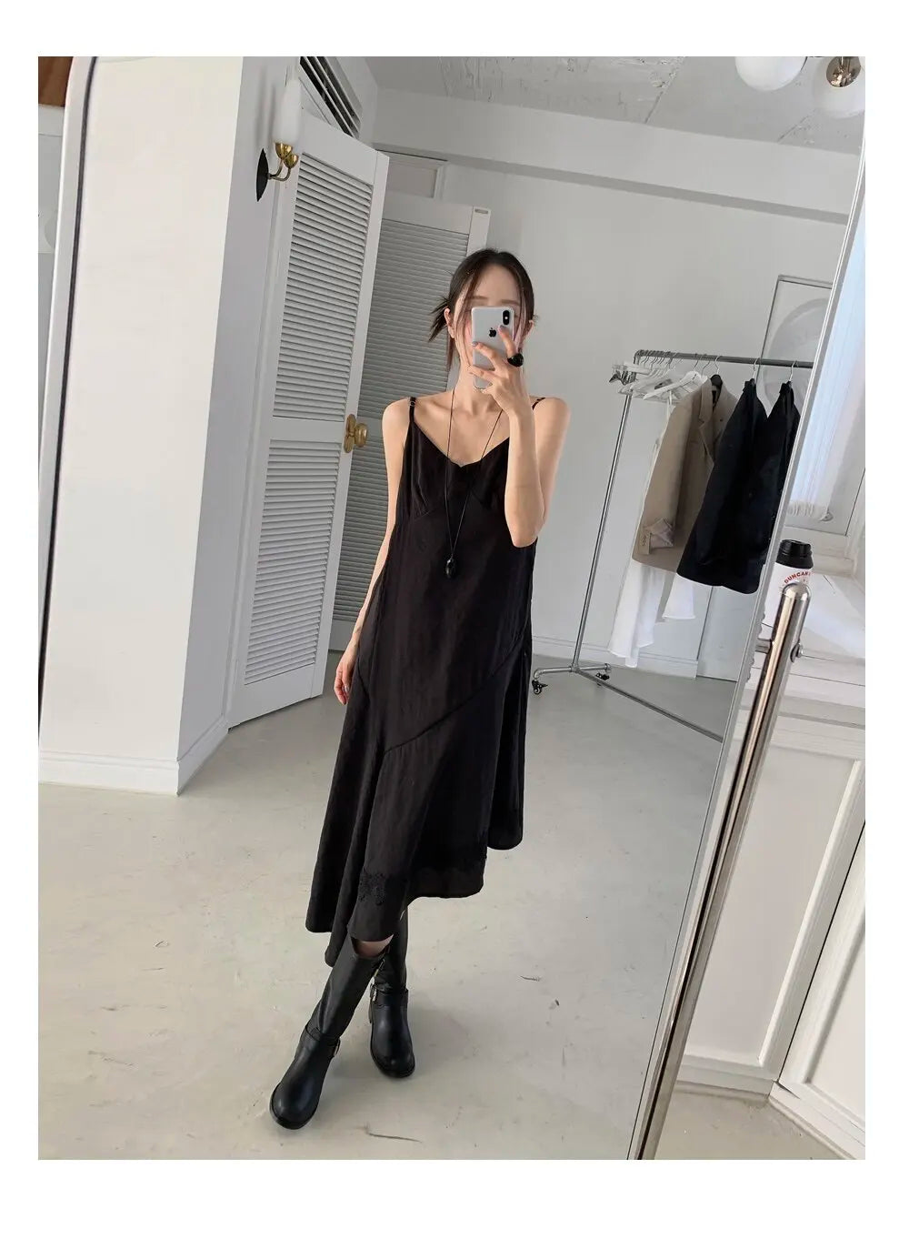 アシンメトリーヘム Vネックロングワンピース ブラック