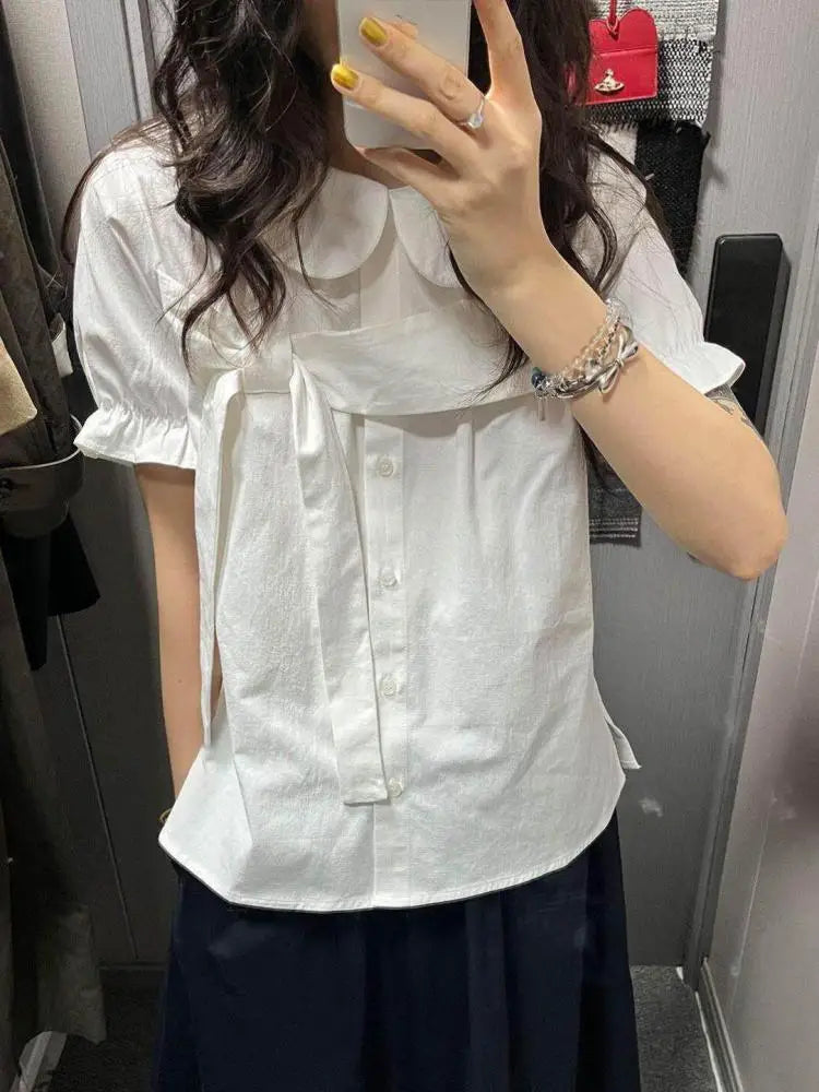 Erwofeina 丸襟リボン付き半袖シャツ