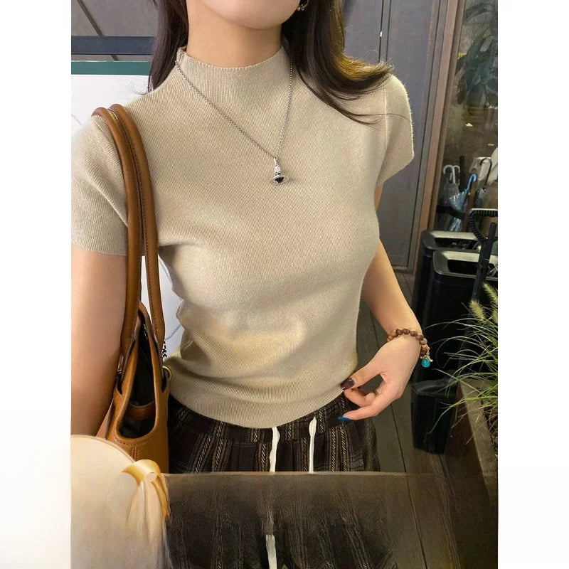 ハーフハイネック 半袖スリムTシャツ