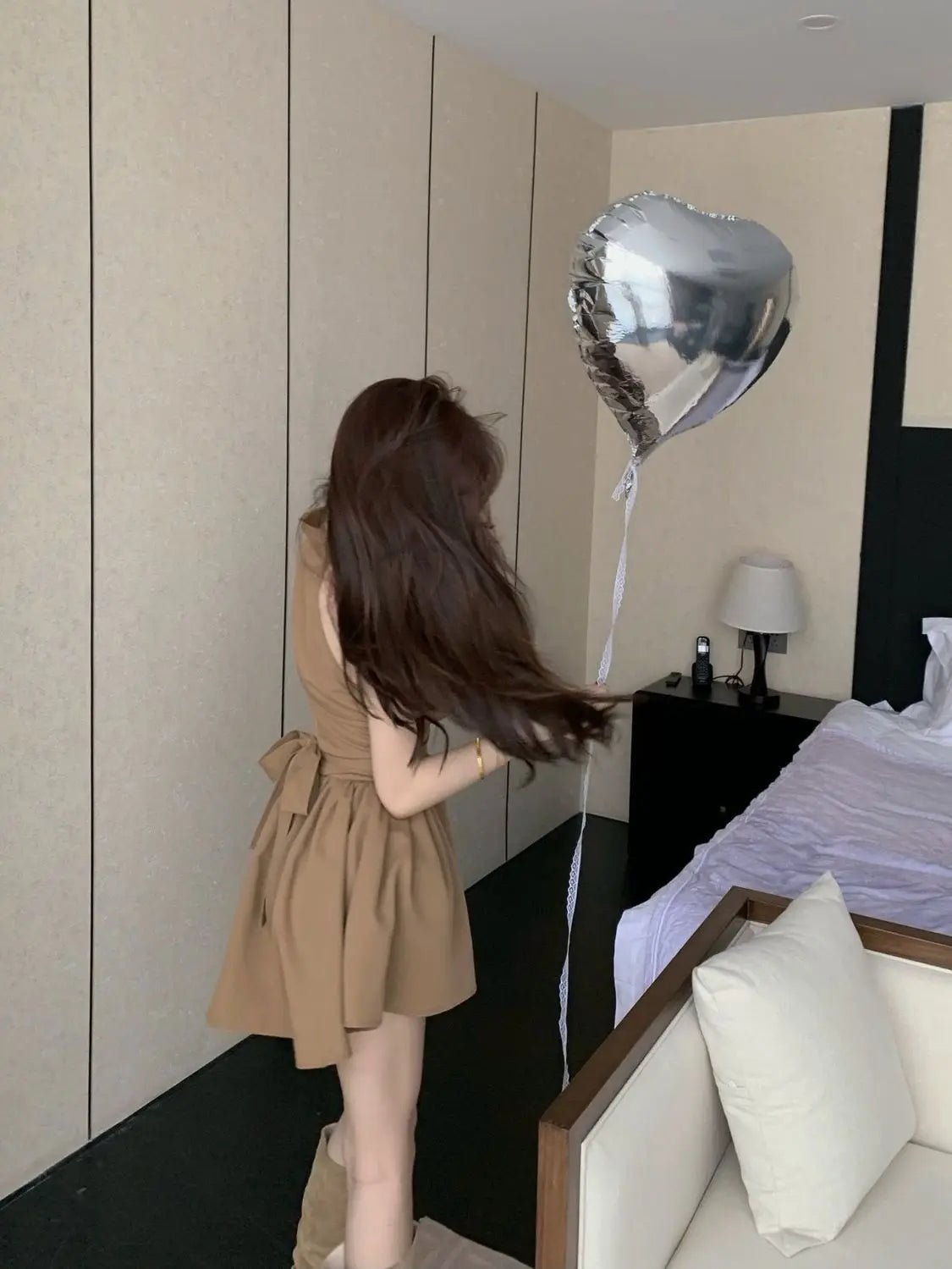 リボン付き 襟付きミニワンピース カーキ