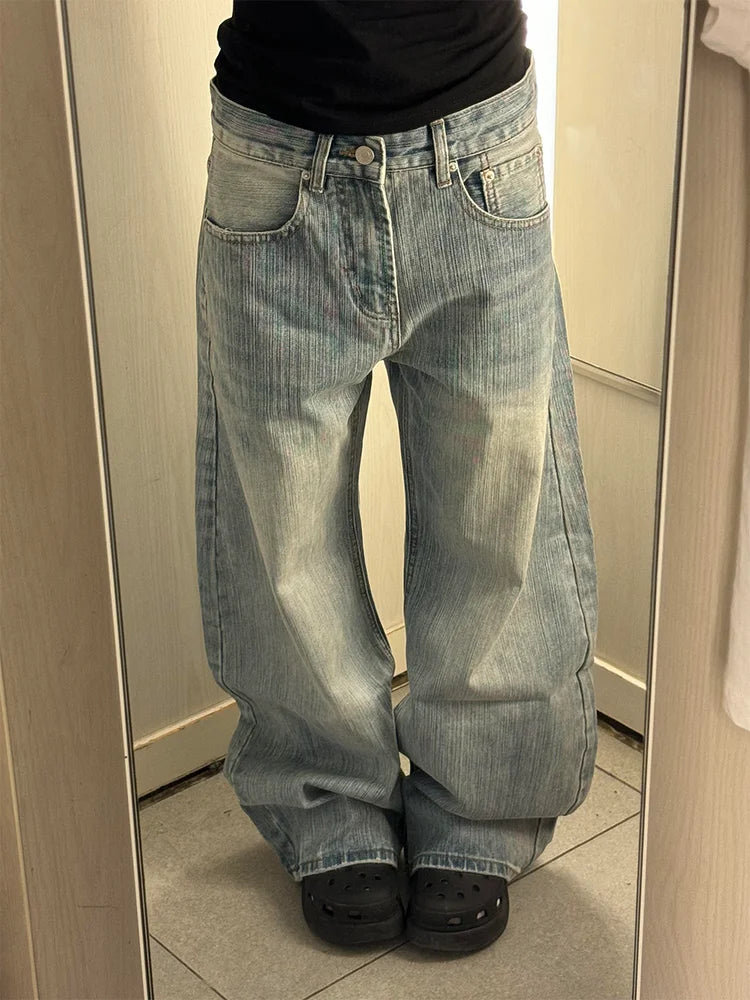 レトロブルー ワイドレッグ デニムパンツ