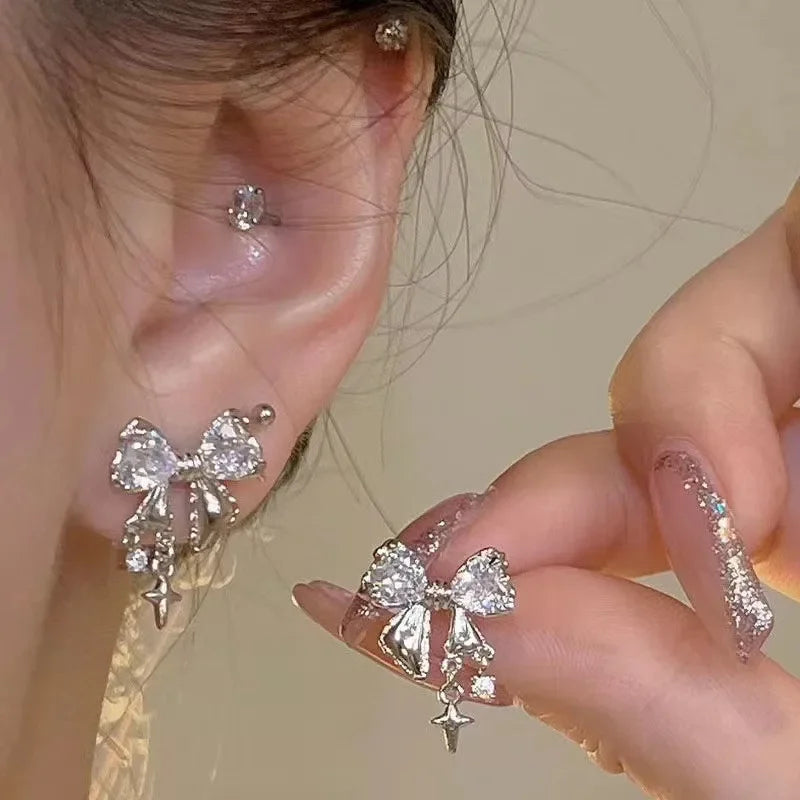 ピンククリスタル リボンピアス Y2K