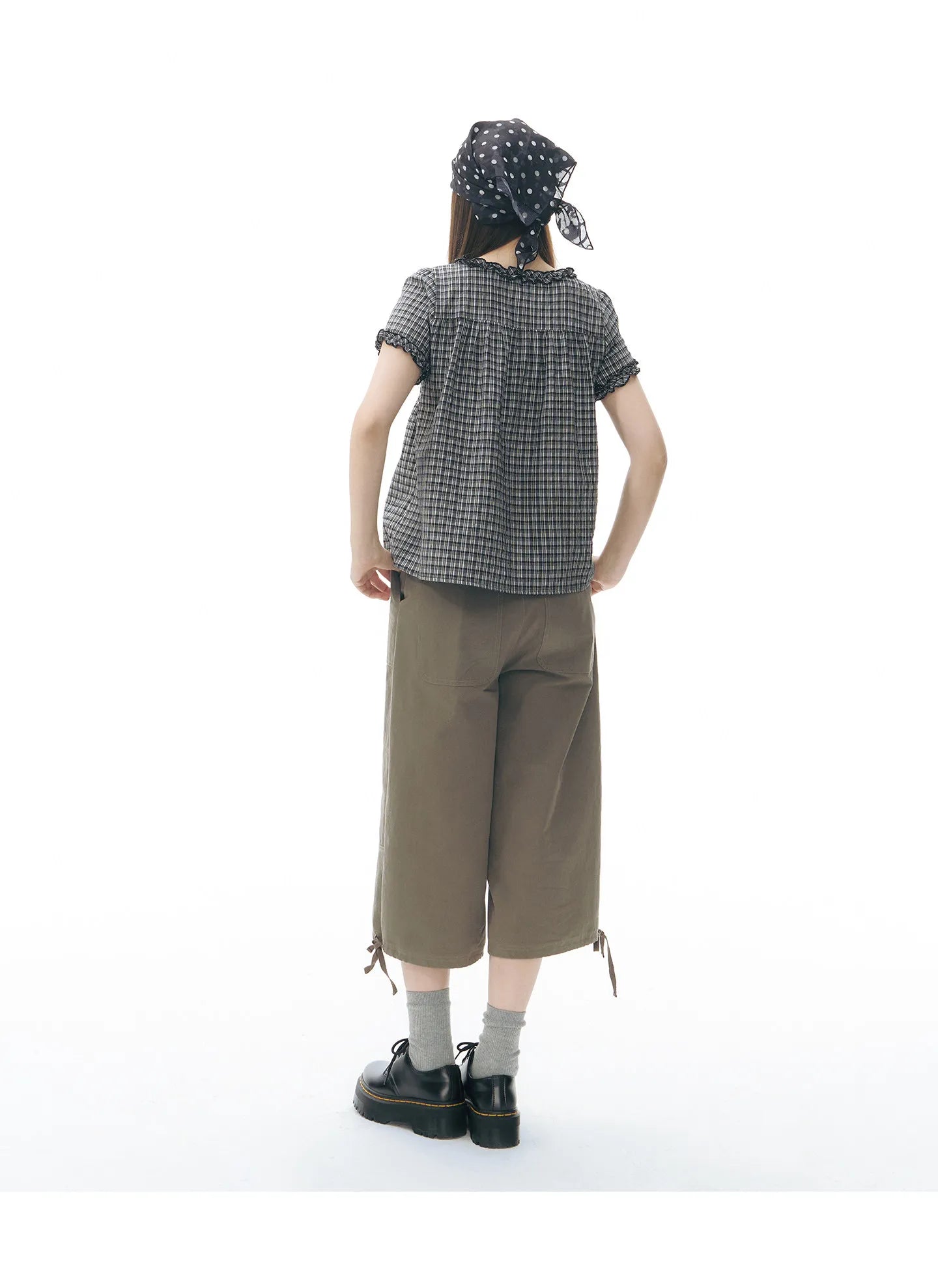 チェック柄 Vネックリボンシャツ 半袖