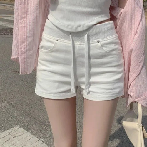 ハイウエスト デニムショートパンツ 白 ベルト付き
