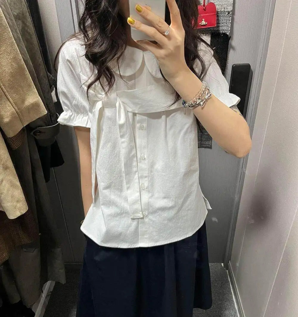 Erwofeina 丸襟リボン付き半袖シャツ