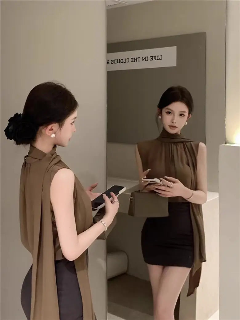 ノースリーブ シフォンブラウス コーヒーブラウン