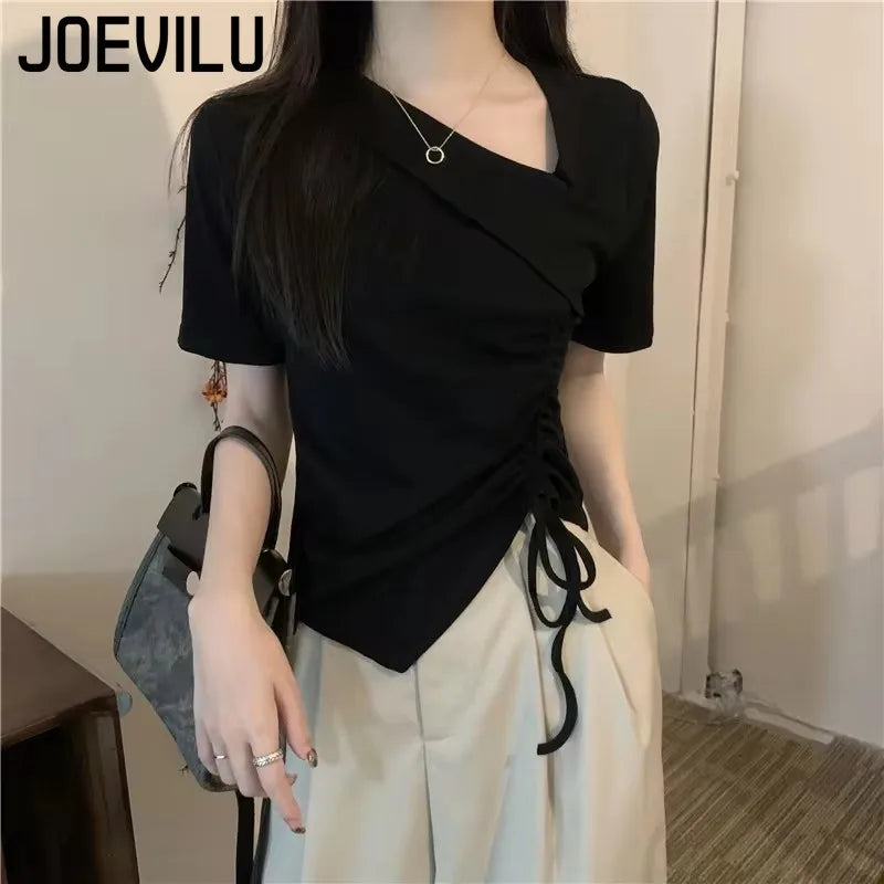 アシンメトリー ドローストリングTシャツ ホワイト