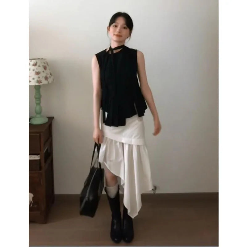レース切替 アシンメトリー Aラインスカート 白