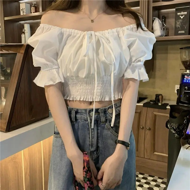 オフショルダー リボン付きクロップドブラウス 白