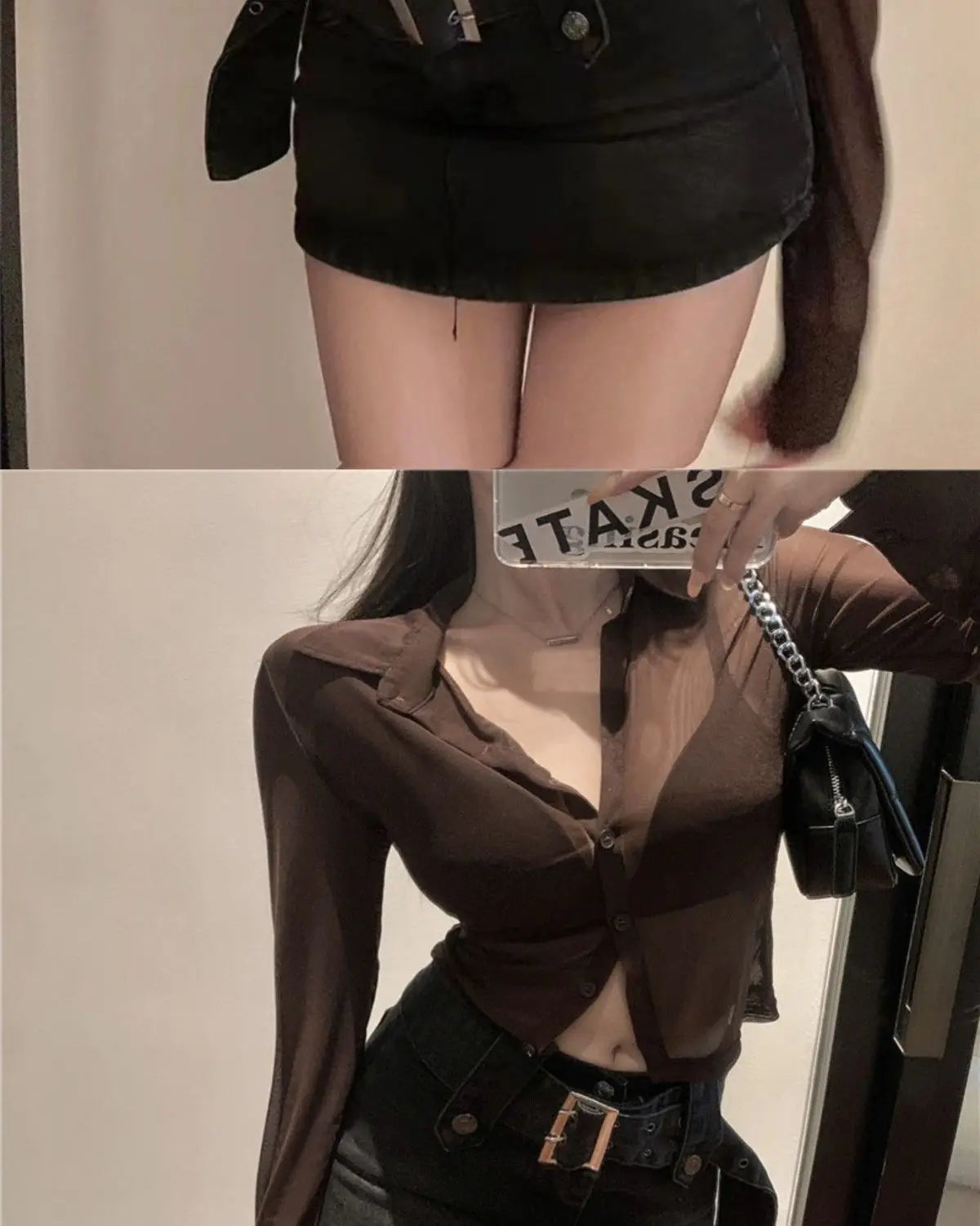 シアーシフォン 長袖ボタンシャツ ブラック