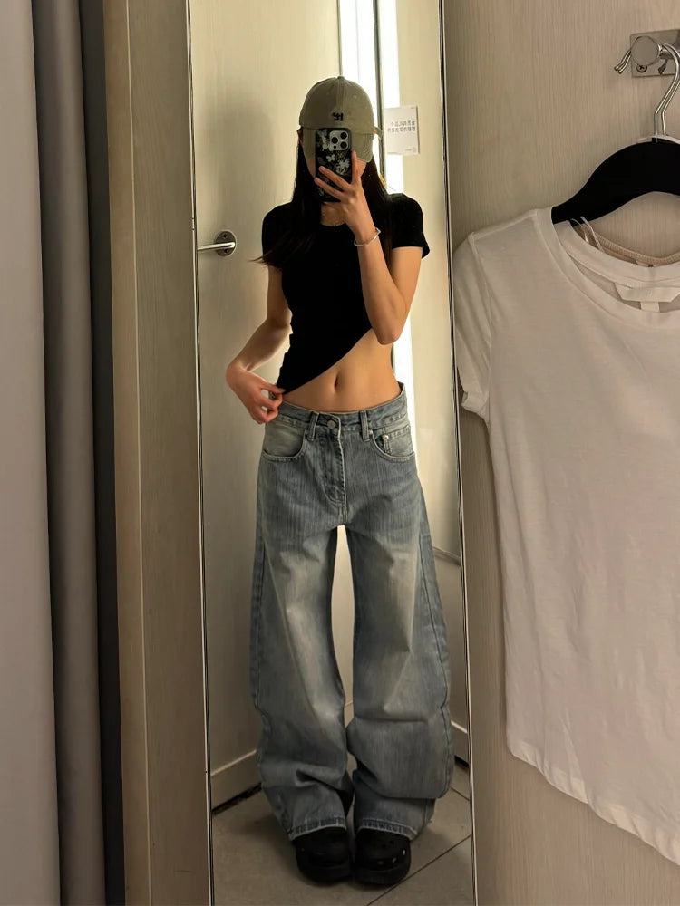 レトロブルー ワイドレッグ デニムパンツ